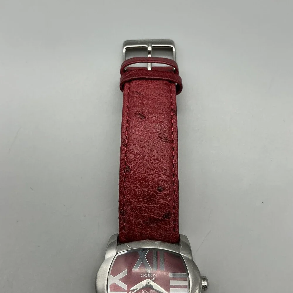 Croton Womens Watch 33mm Silver Tone Red Cushion Ostrich Leather New Battery
